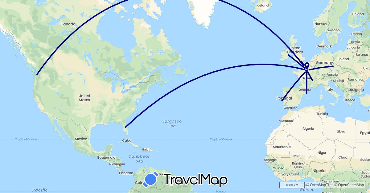 TravelMap itinerary: driving in Czech Republic, Spain, France, United Kingdom, Ireland, Portugal, United States (Europe, North America)
